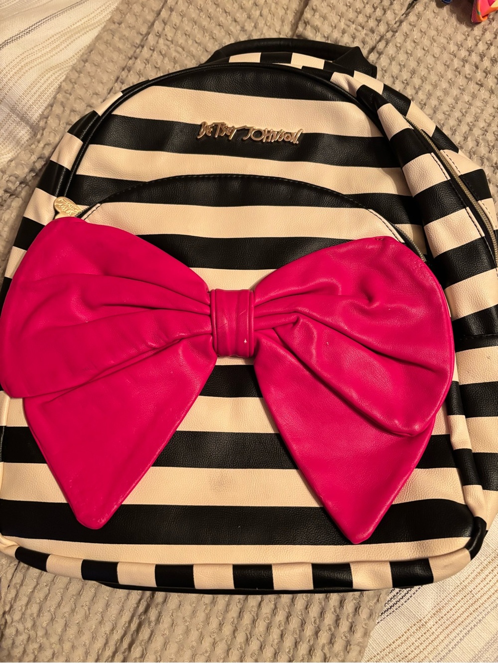 Betsey Johnson Black & Cream Striped Kids Backpack with Hot Pink Bow